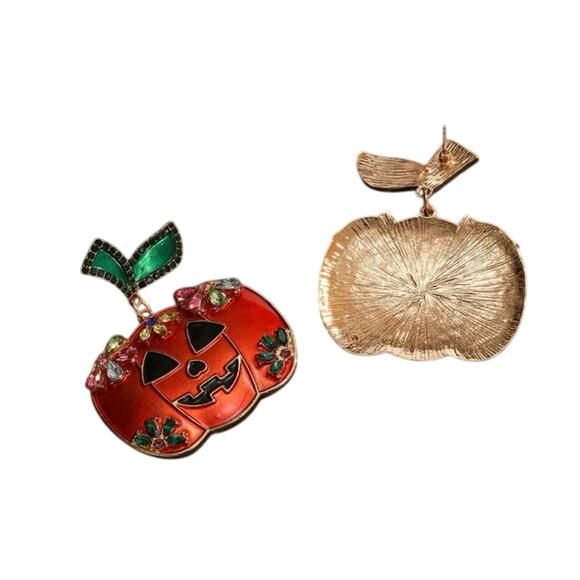 Embellished Pumpkin Jack O Lantern Orange Halloween Earrings Dia De Los Muertos - Picture 3 of 3